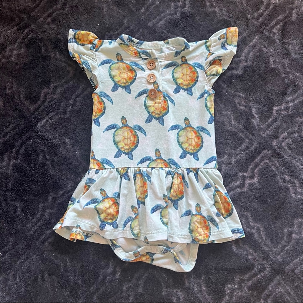 Posh Peanut Twirl Bodysuit Bamboo Dress Turtle Print Sz 3-6M